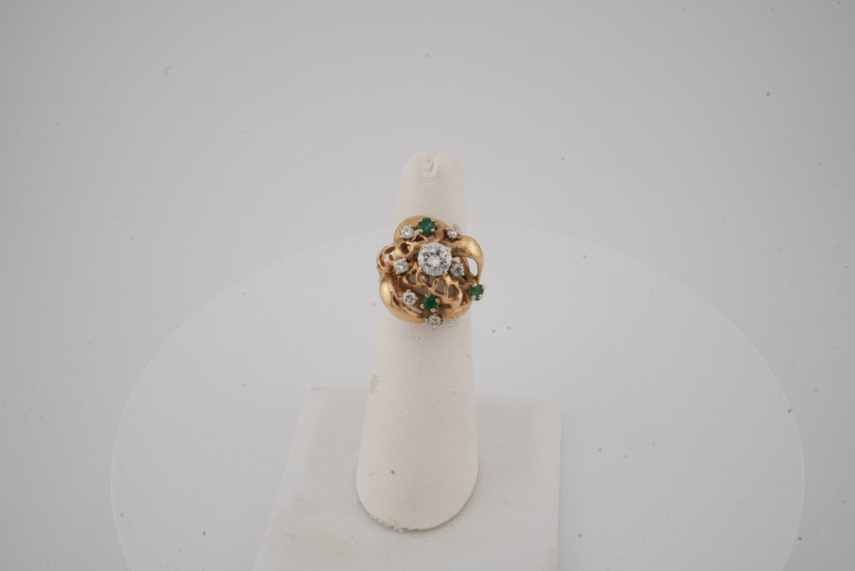 14K YG ESTATE CLUSTER RING WIT DIAMONDS AND EMERALDS APX DIAM= 0.75CTW