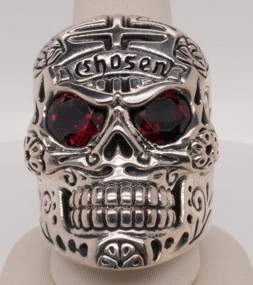 LARGE SS SKULL RING W/ CHOSEN CROSS & GARNET EYES - KING BABY
STERLIN