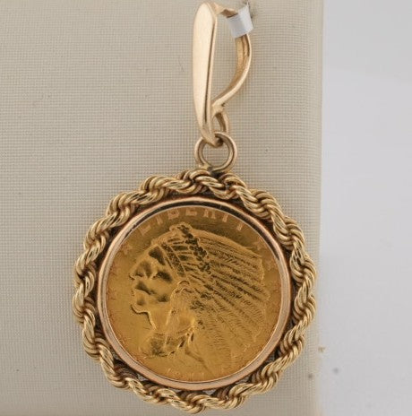 AMERICAN INDIAN HEAD COIN IN 14K YG ROPE BEZEL