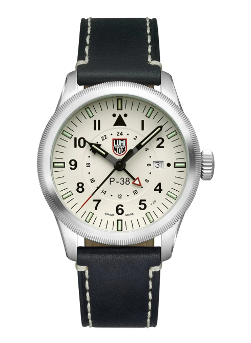 LUMINOX P-38 LIGHTNING GMT9520 SERIES OFF WHITE DIAL BLACK LEATHER BAND