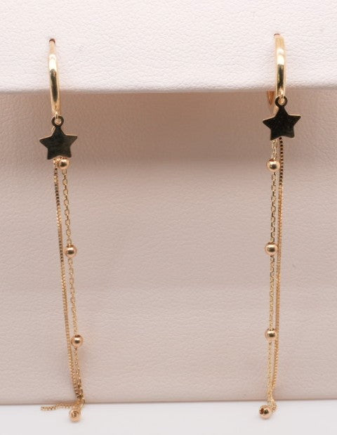 14K YELLOW GOLD DOUBLE ENDLESS HOOP 2 ROW STAR DROP EARRINGS