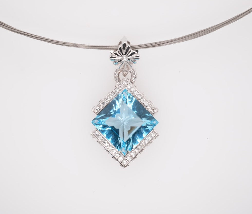14KW 43.00CT BLUE TOPAZ 2.00CT DIAMOND PENDANT FRANK REUBEL DESIGNS