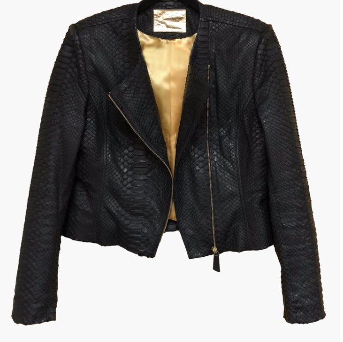 CROPPED MOTO JACKET - PYTHON BLACK