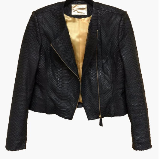 CROPPED MOTO JACKET - PYTHON BLACK