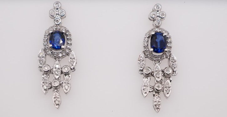 LADIES 14K WG SAPPHIRE AND DIAMOND DROP EARRINGS