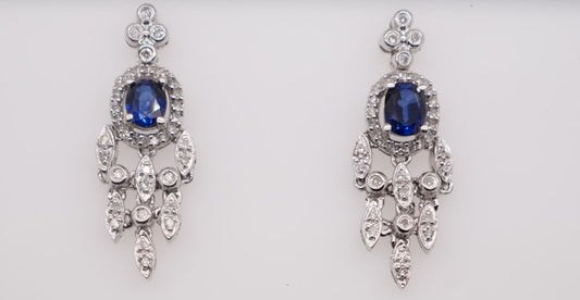 LADIES 14K WG SAPPHIRE AND DIAMOND DROP EARRINGS