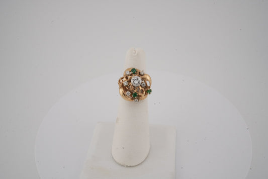 14K YG ESTATE CLUSTER RING WIT DIAMONDS AND EMERALDS APX DIAM= 0.75CTW
