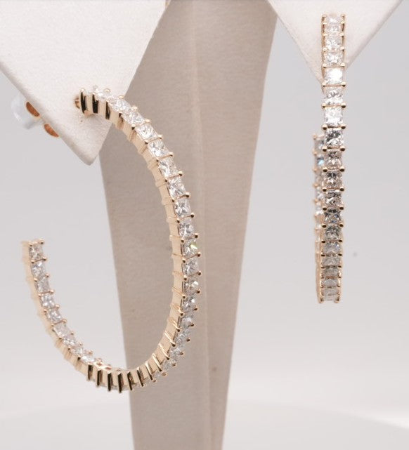 LADIES 14K YG PRINCESS DIAMOND HOOPS 3.69CTW