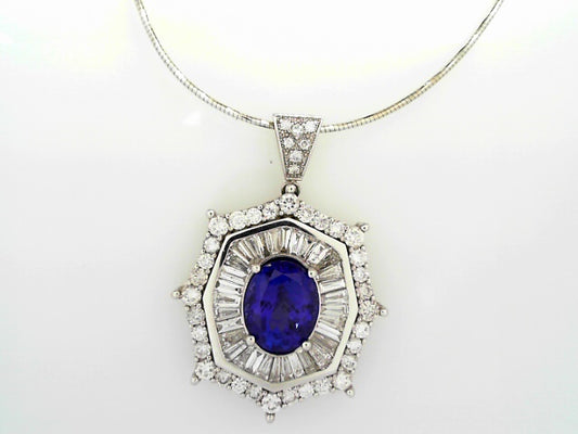 14KW 4.75CTW ROUND BAGUETTE DIA 6.50 CT OVAL TANZANITE PENDANT