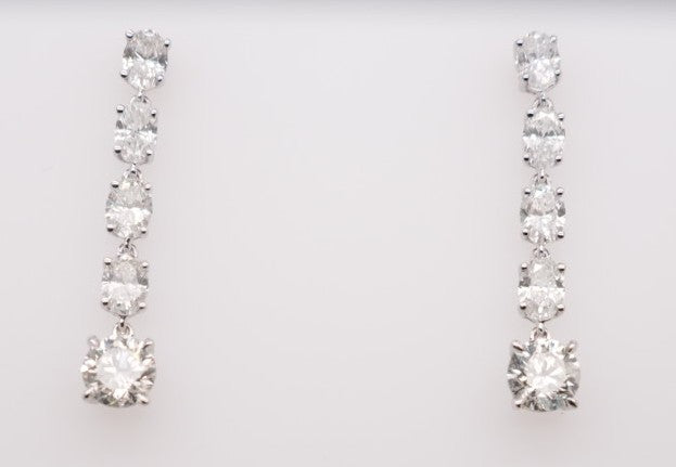 LADIES 14K WG DROP DIAMOND EARRINGS OVALS 1.05CTW RDS 0.84CTW