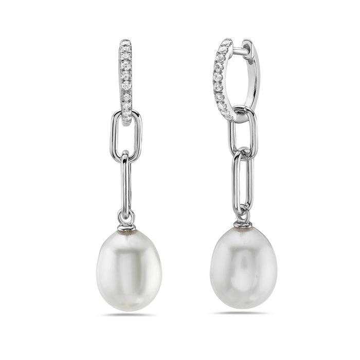 14KW PEARL & DIA PAPERCLIP DROP EARRINGS .18CTW