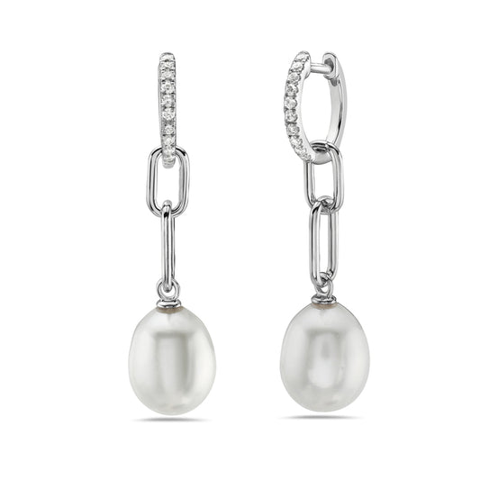 14KW PEARL & DIA PAPERCLIP DROP EARRINGS .18CTW