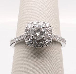 LADIES 14KWG ENG RING APX 0.50CTW CENTER SI2/HI HALO 1CTW