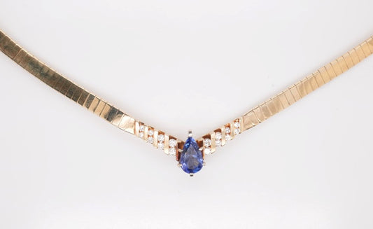 14K YG ESTATE NECKLACE WITH APX 1.50CT PEAR TANZANITE AND APX 0.75CTW