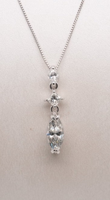 LADIES PLATINUM 3-STONE NECKLACE MARQUISE 0.79CT DIA- 0.31CTW