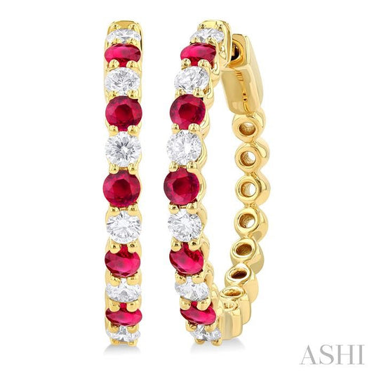 14KT YG RUBY & DIAMOND .85CTW HOOPS