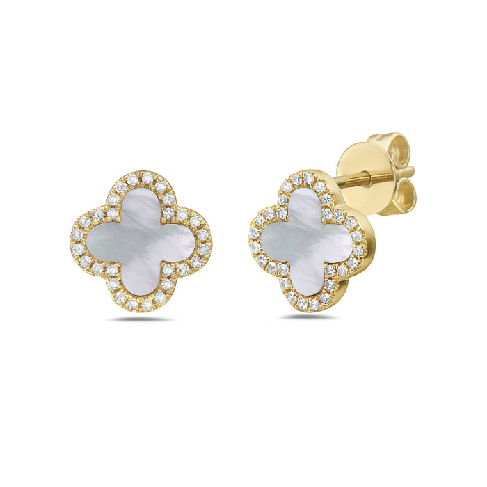 14K YG FASHION CLOVER MOP EARRINGS DIAMONDS 0.13CTW