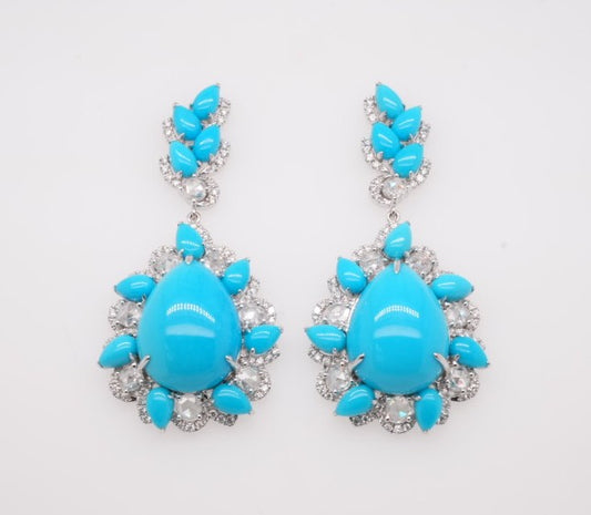 FANCY CREATIONS 18K WG & DIAMOND 1.59CTW & TURQOUISE 17.94CTW EARRINGS