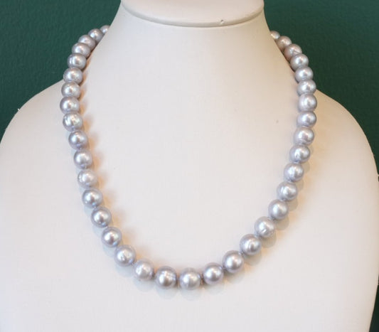 SILVER PEARL NECKLACE 9.5MM WITH SILVER CLASP 16"