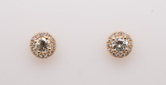 LADIES 18K YG STUDS WITH HALO RD CETRS = 1.11CTW HALOS = 0.32CTW