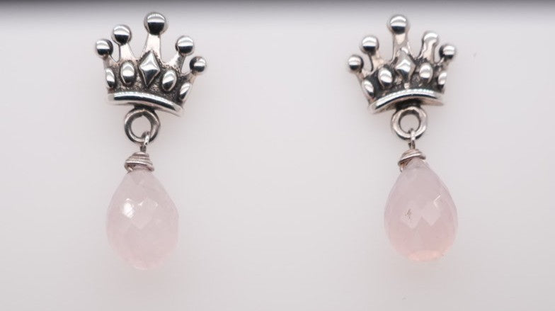 LADIES CROWN POST EARRINGS WITH ROSE QUARTZ TEAR DROP BEAD