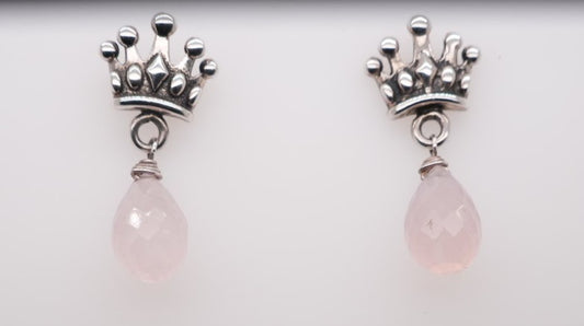 LADIES CROWN POST EARRINGS WITH ROSE QUARTZ TEAR DROP BEAD