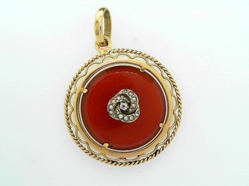 18KYG CARNELIAN PENDANT WITH SEED PEARLS AND DIAMOND