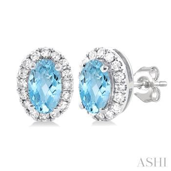10K WG OVAL HALO AQUA MARINE EARRINGS 0.13CTW