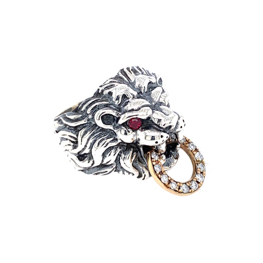 925 KING BABY LION'S HEAD W/ GOLD TOGGLE, DIAMONDS, RUBY SIZE 13