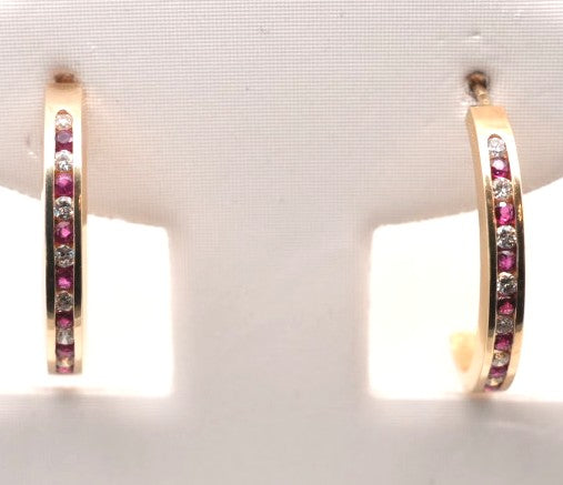 LADIES 14KY RUBY & DIAMOND J HOOP EARRINGS