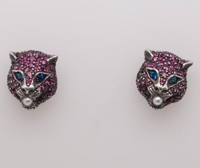 GUCCI SS YG RUBY, TOPAZ AND PEARL JAGUAR EARRINGS