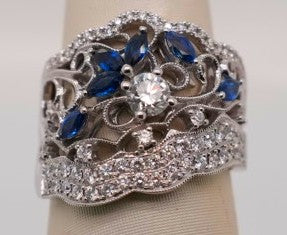 14K WG RD CTR .25 CT GH, SI2 DIAMOND, MQ SAPPHIRE RING