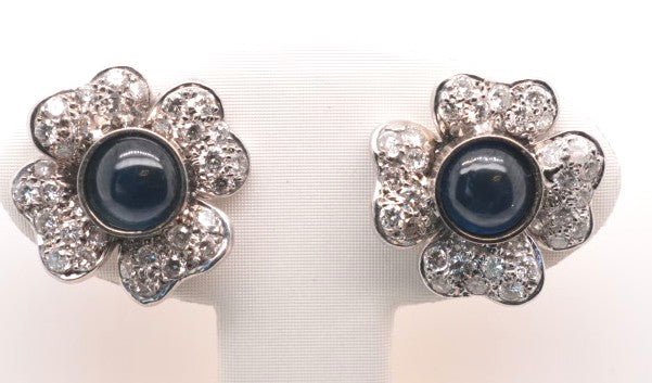 Ladies 18K White Gold Diamond and Cabachon Sapphire Flower Earrings