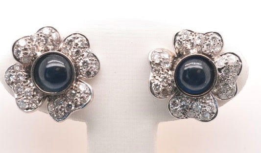 Ladies 18K White Gold Diamond and Cabachon Sapphire Flower Earrings