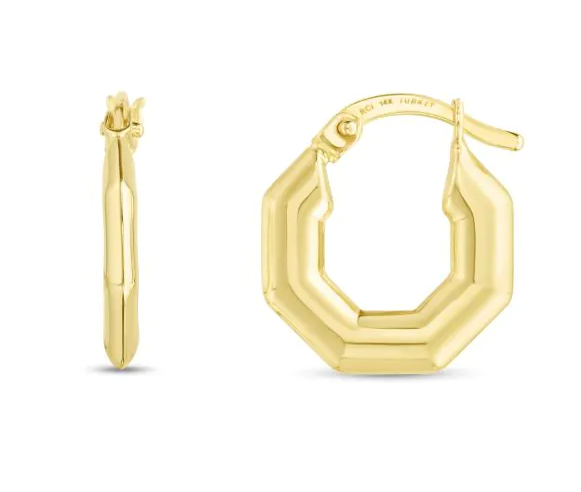 14K YG PUFFED HEXAGON HOOP
