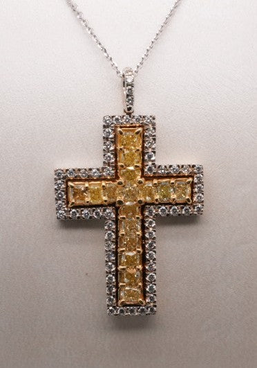 18K TT DIAMOND CROSS YD 16 CUSHION 1.95CT 62 ROUND .66CT ON 14K WG CHA