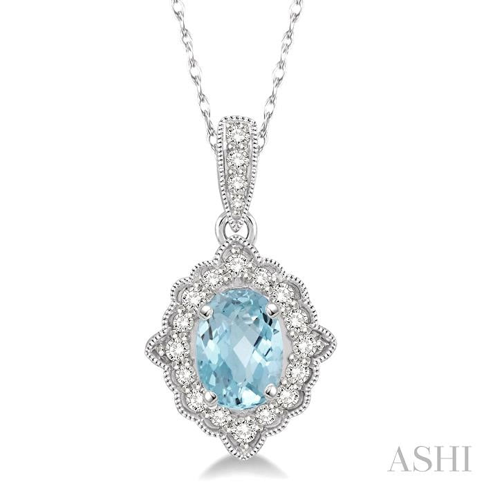 10K WG OVAL HALO AQUA MARINE EARRINGS 0.13CTW