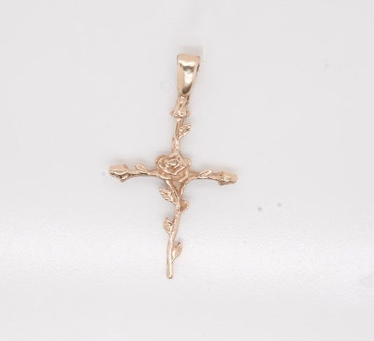 14K YG CROSS FLORAL CHARM