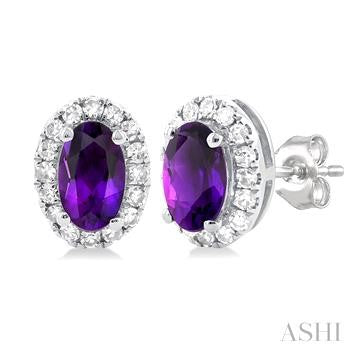 10K WG OVAL HALO AQUA MARINE EARRINGS 0.13CTW