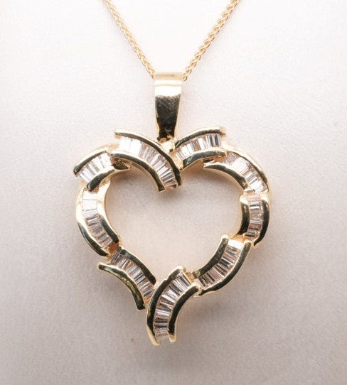 LADIES 14K YG DIAMOND BGT HEART PENDANT APX .075CTW