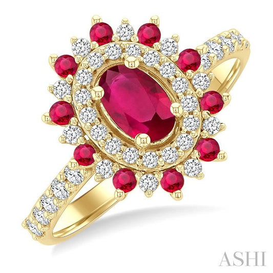 14KT YG OVAL RUBY & HALO DIAMOND 3/8 CTW RING