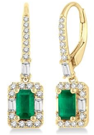14K YELLOW GOLD EMERALD DROP EARRINGS 0.50CTW DIAMONDS