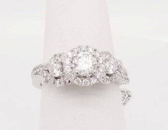 LADIES 14K WG 3-STONE RING WITH HALOS