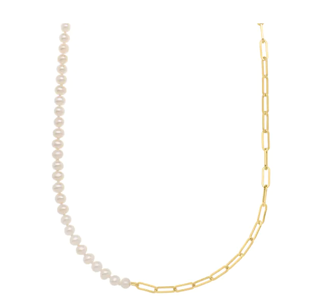 14K YG 18" CULTTURED PEARL 4-4.5MM & PAPERCLIP NECKLACE