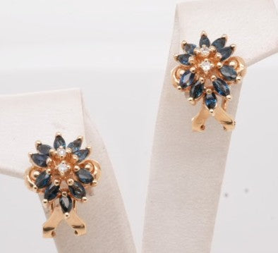 ESTATE LADIES 14K YG DIAMOND AND SAPPHIRE EARRINGS WITH OMEGA BACK
