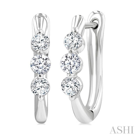 14KT WG 3-STONE DIAMOND HOOP EARRINGS .50CTW