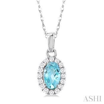 10K WG OVAL HALO AQUA MARINE NECKLACE 0.07CTW