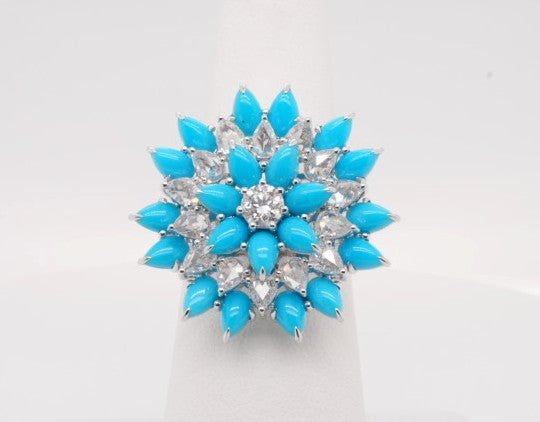 FANCY CREATIONS 18K WG & DIAMOND 1.72CTW & TURQOUISE 4.21CTW RING