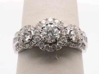 LADIES 14K WG 3 STONE HALO APX 1CTW