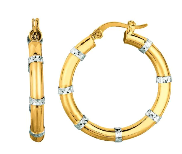 14K YG DIAMOND CUT STATION HOOPS